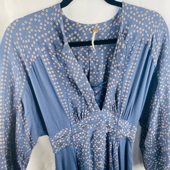 Free People Blue Lace Up Modern Kimono Dress Boho Peasant Size 0 - Picture 4 of 11